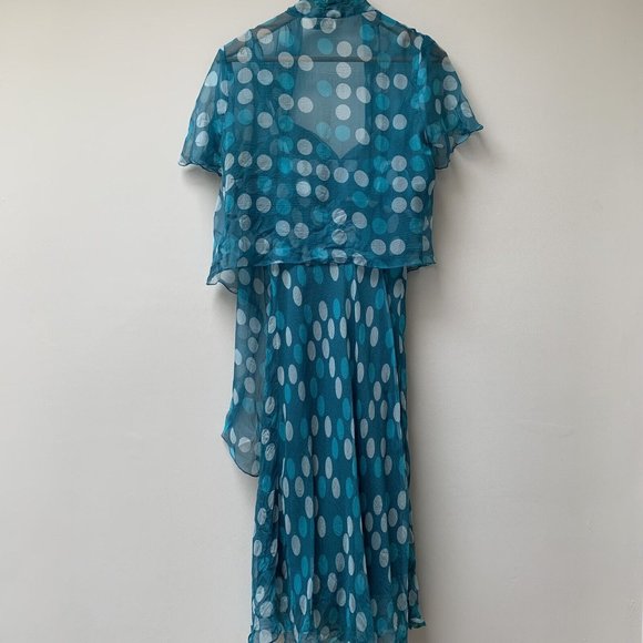 Y2K Silk Midi Dress Fits UK 12 Bias Cut Sleeveless Party With Cover Up Teal Spot - Picture 4 of 12
